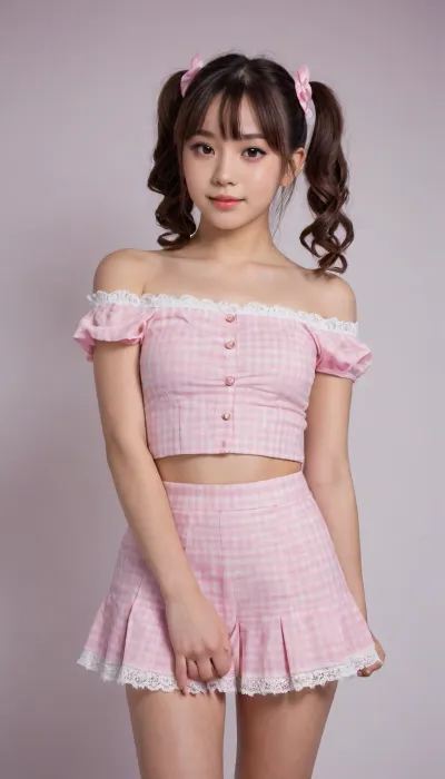 A high-quality photo of a cute young Japanese girl posing in front of a plain studio wall. She is wearing a pastel pink and white gingham checkered co-ord set, featuring a matching thin-strap camisole top with white lace frills and a tiny front bow, paired with a layered ruffed mini tier skirt and matching pumpkin shorts underneath. She has loose white off-shoulder lace arm cuffs. Her hairstyle consists of long, straight dark brown twin pigtails tied with oversized pastel pink satin ribbons, and neat front bangs framing her face. She has big round glossy anime-style eyes, soft blush, and clear skin. She is wearing simple beaded bracelets on her wrist. Soft focus, bright studio lighting, photorealistic, 8k resolution, highly detailed texture.