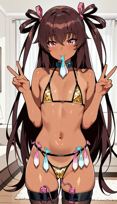 Derpixon style, simple cartoon porn, bold black outlines, vibrant flat colors, without shading, clean lines, maximum simplicity, clean flat coloring, no complex details, no gradients, no shine, Mizuki Yukikaze, tiny body, flat chest, cute innocent face, 18 years old, adult, on the living room, standing pose, sexy leopard slingshot bikini, sexy stockings, brown skin, used condoms in hands, used condoms in mouth, visible pussy, visible nipples, slave collar, girl bend down, legs spread wide, used condoms belt, money under stockings, big used condoms, vibrator in pussy, peace hands gesture, two hands peace motion