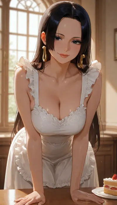 A beautiful woman in her 20s, Boa Hancock from One Piece, long hair, loose strand framing her face, small medium breasts. She wears a 1950s-style dress with a full skirt and an impeccably pressed white lace apron, deep cleavage. Her makeup is natural and elegant, soft red lips, subtle eyeliner, and flushed cheeks. She stands behind a table with a slice of cake in front of her, slightly leaning forward. Her expression is warm and inviting, featuring a genuine smile that radiates happiness. Morning light streams through the window, illuminating her skin and creating a golden glow. Photorealistic style, 8K resolution, visible fabric and skin textures, warm and nostalgic atmosphere.