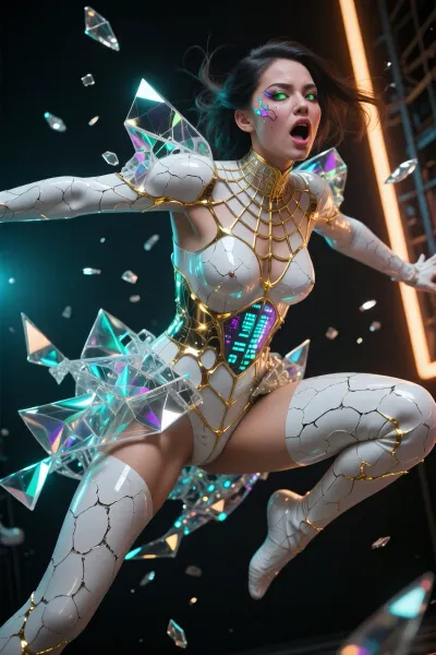 A striking full-length shot of a Japanese high-fashion model, captured mid-air during a dynamic, gravity-defying high-speed leap. Her face conveys an intense, fierce emotional outcry, brimming with energy and strength. Her skin has a surreal, hyper-detailed texture of cracked white porcelain, and the cracks are filled with glowing veins of liquid gold in the kintsugi style, radiating like a spider’s web across her neck and limbs. Intricate macro-details adorn her face, wide, almond-shaped eyes with luminous, multi-layered irises reflecting digital matrix code and neon light, as well as the precise contours of natural human anatomy. She wears an avant-garde haute couture ensemble, fashioned from shards of transparent iridescent glass and threads of liquid chrome, which scatter through the air around her moving body. Contrasting cinematic studio lighting, deep shadows, neon bluish-blue and warm amber contour lights, 8K resolution, (a photorealistic masterpiece), .