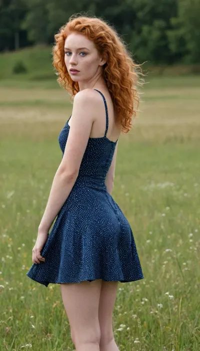 A beautiful young full-bodied ginger-curly-hair girl with a round butt and big tits in a short dark blue summer dress with white dots stands in a meadow, the wind lifts her skirt and reveals her naked hairy pussy, front view, full body view