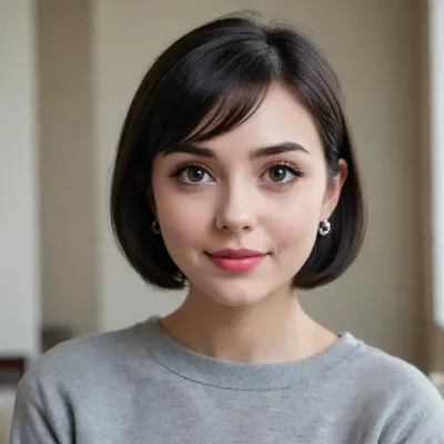 pretty 18yrs old black-haired cutie, straight short bob cut, round face, (large eyes, (grey eyes:1.3)), long eyelashes, bushy eyebrows, snub nose, small mouth with plump raspberry lips, slightly puffy cheeks with dimples, pointed chin, long neck, enigmatic smile, little diamond earrings