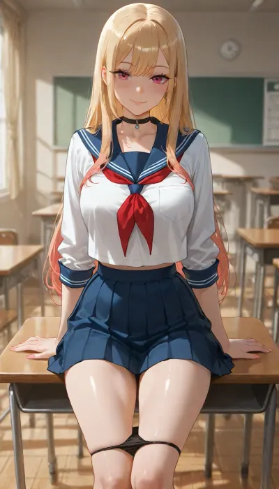 Marin Kitagawa from My Dress-Up Darling, adult, perfect body, skinny, school uniform, panties down, on school table