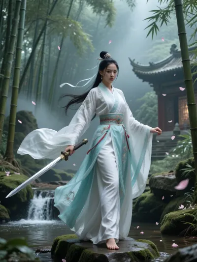 A beautiful Wuxia female sword warrior standing in an ancient Chinese bamboo forest surrounded by soft mist. She wears an elegant flowing white and turquoise silk robe with subtle red accents, long wide sleeves, delicate embroidery, and a traditional ornate belt. Her long black hair is styled in an elegant traditional updo with decorative hairpins. She holds a slender Chinese Jian sword in one hand.

She stands gracefully on a moss-covered stone near a small waterfall, surrounded by bamboo, ancient temple ruins, drifting flower petals, and a calm mystical atmosphere. Her silk garments and hair ribbons move gently in the wind. Her expression is calm, confident, and noble, like a legendary heroine from a classic Wuxia film.

Realistic cinematic movie still, ultra realistic, natural human face, highly detailed fabric textures, realistic silk, authentic Chinese historical fantasy atmosphere, elegant martial arts pose, dramatic lighting, shallow depth of field, epic film scene, 8k cinematic photography.