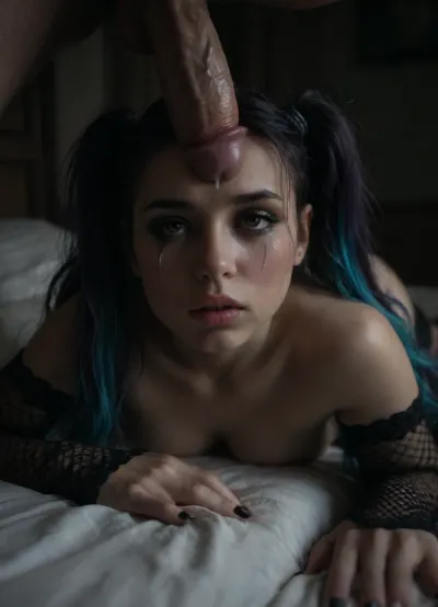 Score_9, score_8_up, score_7_up, (close-up of her face:1.3), (cock on her head), (1girl, 1man), (long hair), (multicolored hair, (The girl is crying), (dark purple hair), (bright blue hair)), (twintails), (wavy hair), (messy hair), (wet hair), submissive, (pointy breasts), (retrousse tits), (nipple piercings), (bimbo slut makeup), (mascara running down her face), (incredibly long lashes), (bimbo lips), (black lipstick), (super snatched waist), (pencil waist), (huge bbl ass), (oiled glossy skin), (sweaty skin), (shaved pussy), (white skin), (pale skin), (gothic), (goth), (tan lines:.8), (brown eyes), (perfect mouth), (perfect lips), (topless), (bottomless), (no clothing except a black garter belt and black fishnet thigh-high leggings and black platform stilettos and black fishnet arm sleeves), perfect eyes, (she's laying prone on a bed with her face near the viewer:1.2), (cock on the top of her head:1.1), (cum dripping from cock), exhausted, tired, hair and makeup was elegant and beautiful but is now messy and disheveled after hours or rough sex, (ruined makeup), (smudged lipstick smeared across face), (cum running out of her nose and mouth onto the bed), (excessive amounts of cum:.8), (vacant expression), (fucked stupid, brainless), (black walls), (gothic bedroom), (blue and purple neon lighting), (bright neon lighting), HighRes Fix, ADetailer, Inpainting, Upscale, Photoshop, <lora:PerfectEyesXL:.8>, <lora:dark:.5>