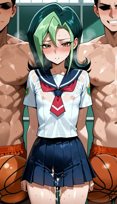 Pop art, bold colors, comic book dots, commercial aesthetic, Tori Meadows from Yu-Gi-Oh! ZEXAL, petite body, flat chested, 18 years old, adult, in a school gymnasium, wearing her school uniform, public gangbang with the entire basketball team, 1girl, multiple men, covered in sweat and cum, front view, girl exhausted and smiling face expression.