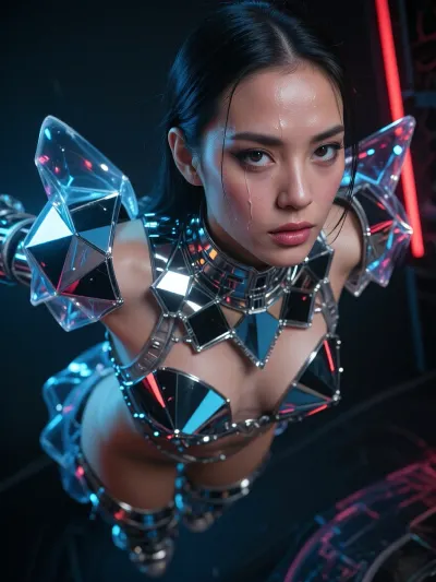 A cinematic, fantastical medium shot of a Japanese model with pronounced East Asian facial features, high cheekbones, distinct epicanthal folds and striking dark almond-shaped eyes. She is captured in motion, suspended in a dynamic, avant-garde pose, as if defying gravity. She wears whimsical, fashion-forward armour consisting of fragments of geometric mirrors and flowing, organic, transparent plastic structures. The mirrors reflect fragmented neon light. The skin’s flawless natural texture and the body’s perfect anatomy. An exceptionally precise close-up of her face, revealing ultra-detailed, luminous, multi-layered irises with intricate pigment patterns and moist, glossy reflections. A dark, sombre atmosphere with high-contrast cinematic lighting, deep shadows and intense bluish-blue and crimson contour highlights falling on the plastic and mirrors. Shot with a 50mm anamorphic lens, sharp focus, 8K resolution, (a photorealistic masterpiece), .