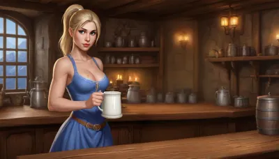 (Haelga from Skyrim, 35 year old, scandinavian, blonde medium hair ponytail, medium breasts, seductive face), inside medieval wooden tavern/inn, (topless blue dress pulled down exposing breasts), (standing behind a wooden counter, squeezing milk out of breasts into a tankard), front view, (fantasy art, artwork, digital painting, concept art, by syd mead, flat colors), <lora:CuteCombine1:.1>, <lora:LegendDarkFantasy-000001:.3>