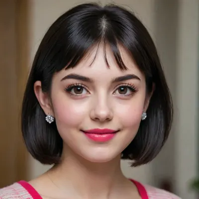 pretty 18yrs old black-haired cutie, straight short bob cut, round face, large grey eyes, long eyelashes, bushy eyebrows, accurate ears, snub nose, small mouth with plump raspberry lips, slightly puffy cheeks with dimples, pointed chin, long neck, enigmatic smile, little diamond earrings