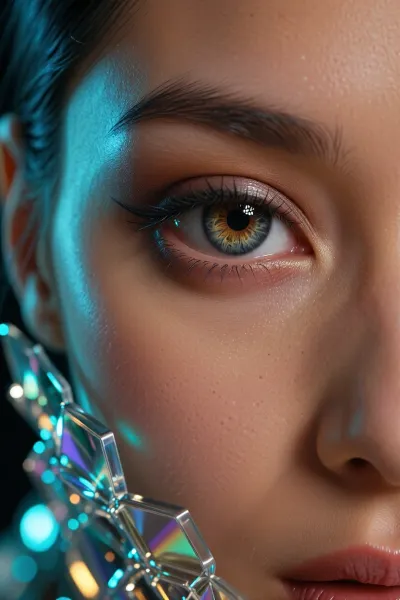 Кинематографический, гиперреалистичный портрет A cinematic, hyper-realistic close-up portrait capturing a stunning Japanese model from the world of high fashion. Subtle macro details of the eyes, shimmering, multi-layered irises with hyper-detailed microscopic pigment patterns, glossy reflections and sharp, natural anatomy. Flawless, natural skin texture with barely visible pores, a fine downy texture and no artificial smoothing. Striking chiaroscuro-style studio lighting, deep shadows, neon blue-and-turquoise and warm amber contour lights. 8K resolution, (a photorealistic masterpiece), .