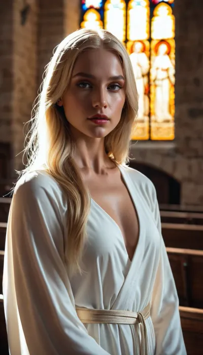 ((Angel woman in the charch)), 20 years old, perfect lighting, perfect skin, surreal, 8k resolution, super detailed, Instagram model, professional photography, egirl make-up, Sleek Straight long blond hair, sexy hot exposed the nun's robe, Nordic, lifelike face, slim, slim body, athletic body, ltctr, color, +, light, contour, <lora:light_contour_sdxl:.8>