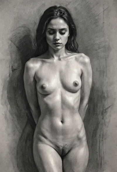 Sad naked girl, emotional pose, charcoal portrait drawing, dark shading, rough charcoal strokes, textured paper, dramatic shadows, expressive face, fine art style., drawing, female, charcoal, art, <lora:EldritchCharcoalXL1.1:2>, <lora:female_charcoal_art:2>