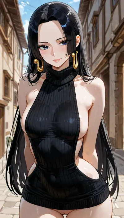 Score_9, score_8_up, score_7_up, Boa Hancock from One Piece, (score_9, score_8_up, score_7_up, source_anime, masterpiece, pale skin), 1girl, solo, long hair, loose strands of hair, standing, beautiful eyes, soft, smile, looking at viewer, day, sunlight, small breasts, BREAK, virgin killer sweater, tight black sweater, pokies, visible pussy, cowboy shot, turtleneck sweater, sideboob, leaning forward, arms behind back, <lora:EnvyBeautyXL02:1>, <lora:add-detail-xl:1.2>, <lora:attractive_notrigger:1.2>, <lora:detailed_notrigger:1.2>, <lora:LCMTurboMix_Euler_A_fix:1.2>