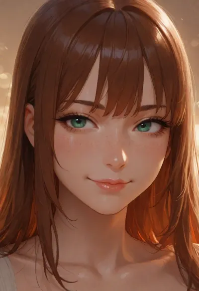 Beautiful adult woman in her mid-20s, fair skin with soft rosy undertones, subtle natural freckles scattered across the bridge of her nose and upper cheeks, oval face with balanced feminine proportions, softly rounded jawline, gently tapered chin, delicate straight nose with a softly rounded tip, medium-full muted rose lips with a defined cupid’s bow, large almond-shaped blue-green eyes with a subtle gray tint, realistic catchlights, naturally long lashes, gently arched medium-brown eyebrows, shoulder-length chestnut-brown hair with warm caramel highlights, loose tousled waves, wispy curtain bangs, soft face-framing layers, slender petite athletic build, narrow waist, natural feminine proportions, calm approachable expression, faint closed-mouth smile, direct eye contact, minimal natural makeup, realistic skin texture, visible pores, fine individual hair strands, photorealistic, cinematic portrait photography, soft golden-hour lighting, gentle rim light around her hair, shallow depth of field, creamy background bokeh, 85mm lens, highly detailed face, natural color grading, sharp focus, high-resolution