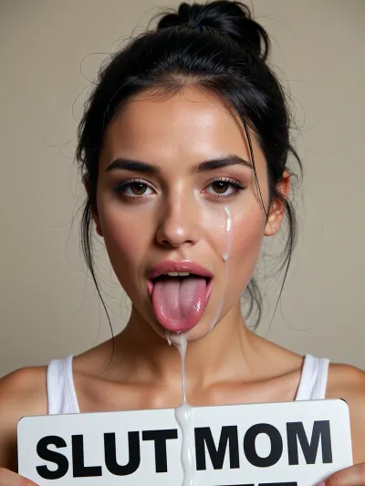 1girl, MILF, bimbo, whore, slut, slutty face, black hair, hair is tied in a bun, lush hair, pink lipstick, large lips, duck lips, perfect face, detailed, (rolling eyes), tongue, excessive cum, front view, cum on hair, clothed, white highlights, lust, passion, ecstasy, hold a sign on which it is written text "SLUT MOM"
