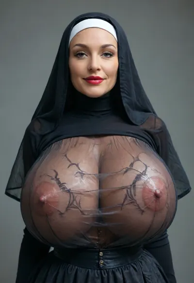 ((victorian gothic scene)), extremely beautiful sexy nun, ((she is showing off her perfect breasts:1.2)), refined elegant face, high cheekbones, red lipstick, slutty smile, (extremely pretty mature woman:1.9), voluptuous, curvy, extremely tempting, sunny floral field, extremely detailed background, (transparent dress:1.9), (skin-tight elegant simple see-through black nun clothes:1.9), (massive breasts:1.9), ((puffy erect nipples poking through holes in her clothes)), simple belt, dress open at the front, her massive breasts exposed, detailed undecorated see-through simple dress, (face close-up), amorous face, ultra lovely face, ideal body, ultra detailed, ultra realistic, longnips, breasts, cutout, clothing, nipples, <lora:milkers_v2:1.4>, <lora:longnipsxl:.8>, <lora:MJ52:.8>, <lora:2BoutOvalSDXL2-000002:.8>