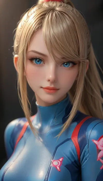 (((Samus from Metroid Other M))), ((wearing a tight blue plugsuit)), (pale skin), (tall face), (long straight ponytail tied with a red hairband), (bright blonde hair), (side-swept bangs), (two loose face-framing locks on either side of her face), light blue eyes, fair skin, slender, narrow face, big smile, (makeup), athletic body, looking at viewer, ((large breasts)), (((half body view))), view from side, skin details, focus on face, <lora:Midjourney Image Enhancer XL v1:.6>, <lora:SDXLHighDetail_v6-000005:.4>, <lora:attractive_notrigger:.6>, <lora:futureistic_fantasy_anime_sdxl_v1:.8>, <lora:CuteLora:.5>
