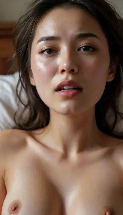 Prom night, Beautiful Violet-eyed Asian model masturbating to orgasm, nude in bed, sweating, sweaty, beautiful agony, moaning in pleasure, ecstatic, (ecstasy), orgasm, orgasmic, skinny, large natural breasts, saggy breasts, breasts flattened against her chest, (violet eyes), viewed from above, o-face, <lora:MJ52:.8>, org4smic, <lora:org4smic_sdxl:.8>