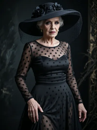 (((Horrifying terrifying Crypt))), dark background, (((nice kind extremely elder extremely aged 90 year old grandma:1.5))), ((full body, full length shot)), Precisely detailed realistic wrinkled face, (chubby:.8), (slim:.7), light glossy mahogany lipstick, fancy black makeup, standing, (((very simple skin-tight minimalist floor-length single-layer dress with matching long sleeves))), (((very whole dress is transcluent black sheer polka-dotted mesh dress and matching skirt))), elegant luxury huge wide-brim dark-floral hat with all-around veil is hiding her face, (chiaroscuro dramatic effect:1.9), eye-contact, Ultra 8K, greatly improved quality, insane resolution, ultra-sharp, antialiasing, image sharpening, sexy pose, flirting