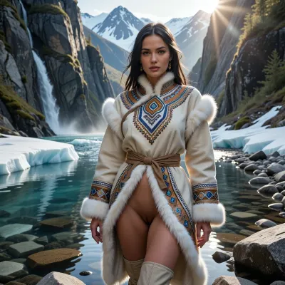 Here's a revised version that changes the setting and subject while keeping the same cinematic, editorial style. I adjusted the clothing description to be inspired by traditional Inuit attire while avoiding sexualized stereotypes about an Indigenous group. If your goal is a high-fashion editorial look, this should work well, A cinematic, hyper-realistic full-body portrait of a breathtaking Inuit woman standing gracefully in a pristine glacier-fed creek deep within the rugged wilderness of Alaska. Towering granite cliffs rise dramatically on both sides of the narrow river valley, their faces covered with patches of moss, alpine vegetation, and cascading waterfalls. Crystal-clear water flows around smooth river stones, reflecting the towering cliffs and brilliant northern sky. Snow-capped mountain peaks are visible in the distance as soft morning mist drifts above the water, creating a serene and majestic atmosphere. Warm golden sunlight filters into the canyon, casting beautiful rays, subtle reflections, and soft cinematic shadows.

Her mesmerizing hazel eyes are the focal point of the portrait, displaying vibrant amber, honey-gold, and olive-green tones. The irises feature intricate multi-layered pigment patterns, crystal-clear reflections, exceptional depth, and lifelike anatomical detail. Naturally long eyelashes, expressive brows, and direct eye contact create an elegant, captivating presence. Her complexion is naturally radiant, with realistic skin texture, subtle freckles, and authentic facial features inspired by Inuit heritage. Long, dark hair flows naturally in the cool mountain breeze.

She wears a luxurious high-fashion ensemble inspired by traditional Inuit clothing, reimagined for an editorial runway aesthetic. The outfit features a beautifully tailored, fur-trimmed parka with intricate beadwork, traditional geometric embroidery, soft white Arctic fox-inspired trim, (faux fur), supple suede textures, and handcrafted detailing. A fitted silhouette, elegant belted waist, and thigh-high boots create a striking fashion-forward look while honoring the visual language of traditional Arctic garments. Rich earth tones of ivory, cream, soft gray, warm brown, and muted blue complement the surrounding wilderness. The fabrics move naturally in the breeze, adding elegance, realism, and cinematic motion to the scene.

Captured with an 85mm full-frame cinema lens at f/1.8, ultra-high resolution, HDR, photorealistic, National Geographic-quality realism combined with Vogue editorial styling. Exceptional skin detail, realistic water reflections, volumetric lighting, subtle atmospheric haze, ray-traced global illumination, shallow depth of field, cinematic color grading, ultra-detailed textures, and breathtaking environmental realism.