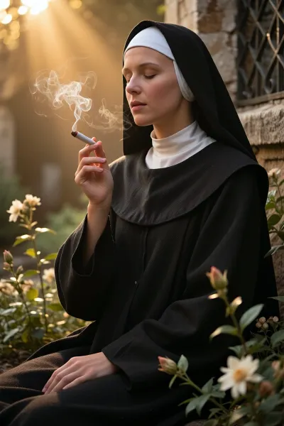 Ultra-photorealistic cinematic masterpiece, extraordinary realism, strong global contrast, crisp microcontrast, ultra low key, warm late summer lighting, molten amber and honey-gold glow, radiant rim light, soft volumetric rays and drifting smoke, premium full-frame 35mm lens perspective, shallow depth of field, an adult nun, 28 years old, seated calmly among flowering plants in a quiet monastery garden, her face calm and meditative, eyes closed, head slightly raised... wearing an authentic sixteenth century Benedictine habit, long black wool tunic, weathered black scapular, crisp white linen wimple framing her neck, simple white coif, long black veil, modest handmade fabrics, clean and well cared for, never decorative or luxurious... golden backlight catching the edges of folds without changing the true black and white colors... She delicately holds a tiny glowing stub of a nearly smoked, hand-rolled, filterless cigarette, pale smoke revealing the sunbeams... her posture relaxed and grounded, hands natural and well proportioned, subtle resin texture on surrounding buds, soft breeze through the leaves, background hints of weathered hand-cut stone and iron, peaceful historical atmosphere, timeless fine art quality...