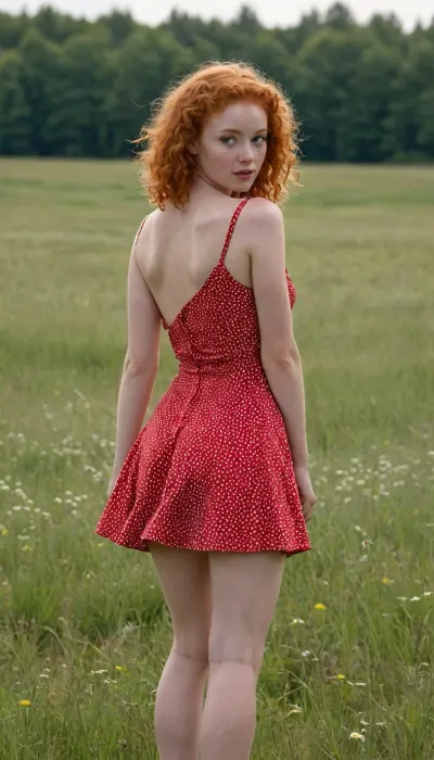 A beautiful young slim ginger-curly-hair girl with a small round butt in a short red summer dress with white dots stands in a meadow, the wind lifts her skirt and reveals her naked hairy pussy, full body view
