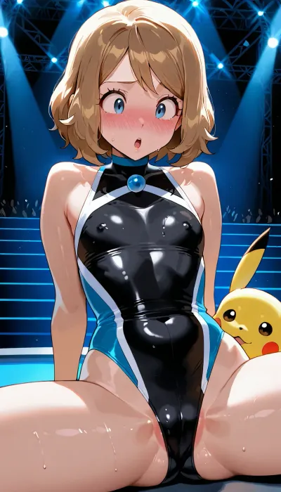 Clean digital art, bright and soft lighting, detailed, high-resolution, Serena from Pokemon, petite body, flat chested, 18 years old, adult, in a contest hall, wearing a performance outfit, public sex with her Pikachu on stage, 1girl, 1pokemon, legs spread wide, front view, girl blushing and shocked face expression.