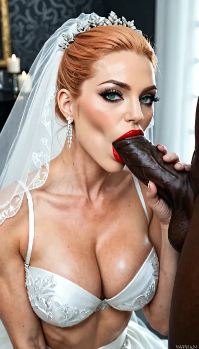30-year-old woman. She has medium-length, black hair combed back. She has a fit body and medium-sized breasts. She is looking directly at the camera. The woman has long, beautiful legs. She has a different ring on each finger. She has red lips and large eyes. She has large, green eyes. Long eyelashes, dark eye makeup. Red lips, a flawless face, perfect teeth.woman sucking black mans penis, (interracial:1.5), (african man:1.5), BBC, (bride:1.5), girl in wedding dress, moving her mouth up and down huge massive black cock, looking at viewer, strawberry blonde hair, blue eyes, watering eyes, rough thrusting of cock into her mouth, man forces her head back and forth on his cock, (man grabs her hair), naked girl, intense bobbing head on cock, blowjob, bl0wj0b, d0ub13_bj, <lora:wan_dr34mj0b_t2v_HD:.8>
