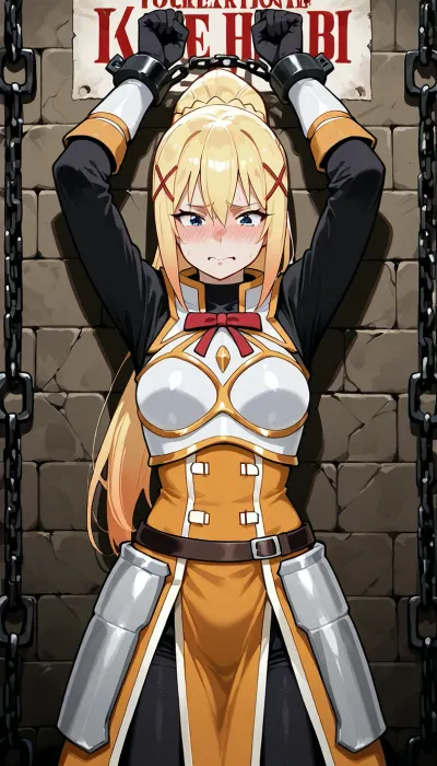 Military propaganda poster, muted colors, stark lines, authoritarian aesthetic, Darkness from KonoSuba, petite body, flat chested, 18 years old, adult, in a dungeon, wearing her armor, interrogation, forced orgasm by a sadistic cultist, 1girl, 1man, chained to a wall, front view, girl ecstatic and begging face expression.