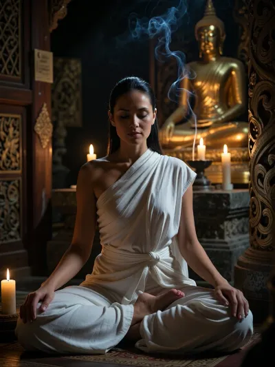 Ultra photorealistic cinematic masterpiece, ultra low-key warm temple candlelight, dramatically underexposed natural cinematic illumination, rich amber gold and deep teal color science, abundant warm reflections, deep luxurious blacks, exceptional global contrast crisp sculptural line definition, realistic shadow falloff, strong microcontrast, refined chiaroscuro, subtle volumetric incense haze, elegant full-frame realism, shallow depth of field, subtle analog film grain a protected meditation chamber inspired by Wat Pho, Bangkok, intimate and enclosed. Carved wood details, aged stone, golden Buddha statue in the background candle flames glowing softly, thin incense smoke rising in delicate lines, an adult Thai Buddhist woman 33 years old, sitting cross-legged in deep meditation, eyes closed, calm intelligent face, extraordinary refined beauty, serene wise expression, traditional white Mae Chi style wrapped robe, simple, pure, modest, monastic elegance, long black hair arranged neatly, realistic natural skin texture, highly detailed facial features, delicate eyelids, relaxed mouth, graceful neck, detailed hands resting gently in her lap, fine lines of fingers and palms visible, atmosphere of contemplation, healing, silence, wisdom and mysticism, sacred stillness, meditative presence, realistic textile texture, candlelit skin detail, photorealistic anatomy, cinematic depth, quiet spiritual masterpiece composition.