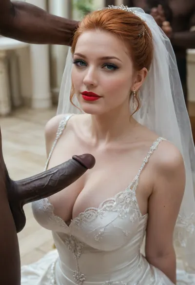 Photorealistic close-up portrait, (interracial:1.5), 38yo woman, 5’2”, (beautiful:1.8), (curvy:1.7), ginger short straight bobcut hair, (pale skin:1.8), natural makeup, red lipstick, (proud:1.5), (Jenny_Packham lace wedding dress), cleavage, natural medium breasts, (highly detailed eyes wide open), kneeling, hands behind back, foreplay, before sex, worshipping the cock of a strong well-hung male, resting his frenulum on her breasts, (cock-worship:1.3), (strong Black man:1.7), his hands on her head, indoor, luxury studio apartment, tiled floor, huge translucent windows, (((cool 6500K daylight, hard directional light creating defined shadows))), 3/4 front view, (ultra-realistic, RAW photo, DSLR, sharp focus), (source_real), (Canon EOS R5, 85mm lens perspective, f/1.8), shallow depth of field, eye level, close-up shot emphasising her cleavage, subject in sharp focus, stacked focus, background softly blurred, (bokeh), highly detailed skin texture, visible pores, subsurface scattering, correct anatomical proportions, consistent limb length, natural finger spacing, natural color grading, cinematic composition, rule of thirds, leading lines, (ultra-high resolution, 4K / 8K, highly detailed, sharp focus, masterpiece, best quality, intricate details), (score_9, score_8_up, score_7_up), <lora:attractive_notrigger:2>, <lora:Portrait_perfection:.8>, <lora:EnvyBetterHiresFixXL01:.8>
