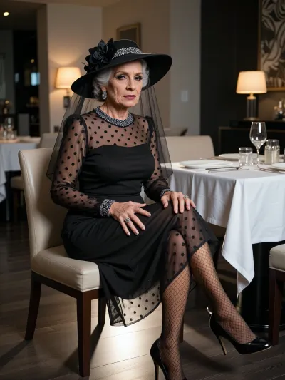 (((safe content:1.9))), sitting in an elegant modern minimalist hotel restaurant, insanely detailed, fully furnitured, (((nice kind beautiful extremely elder extremely aged 100 year old grandma:1.9))), dark-brown tanned skin, ((incomprehensibly busty:1.9)), Precisely detailed realistic wrinkled skin, (chubby), light glossy mahogany lipstick, fancy black makeup, (full body covering very simple knee-length ultra-minimalist round-neckline mouring majestic royal dress with matching long sleeves), (fully sheer polka-dotted dress), (elegant luxury wide-brim dress-matching floral hat with matching veil is covering her face), (((bottom Backlight shines through the full-sheer transcluent dress:1.9))), (chiaroscuro dramatic lighting:.7), matching tight-high fishnet stockings, matching high heels, eye-contact, 8K, greatly improved quality, insane resolution, ultra-sharp, antialiasing, image sharpening, shy, introvert, close-up