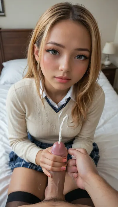 (Hetero 1woman, 1man, adult, POV), (handjob, holding man's cock), Ultra realistic, masterpiece, (gyaru, kogaru, stylish hairstyle, orange hair, college uniform, sweater, thigh-highs, young, cute, shy, blush), solo, skirt, bedroom background, (handjob for, (small cock:1.6)), (cum on body:1.6), (ejaculation:1.7)