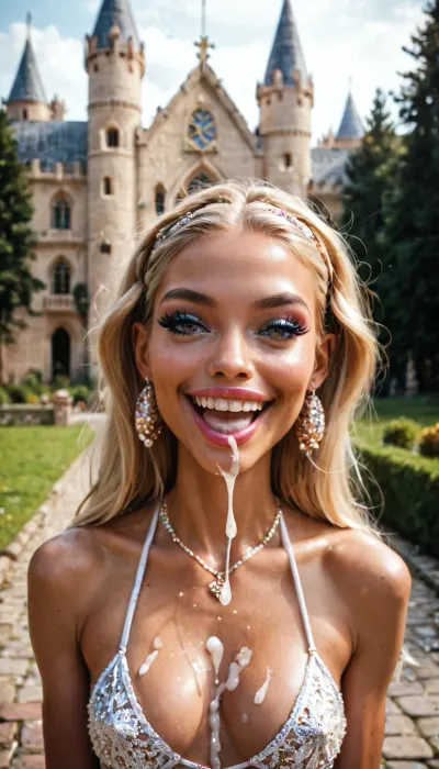 (Ultra skinny:1.4), (bimbofication:1.12), purah, taking facial cumshot, open smile, castle, romantic