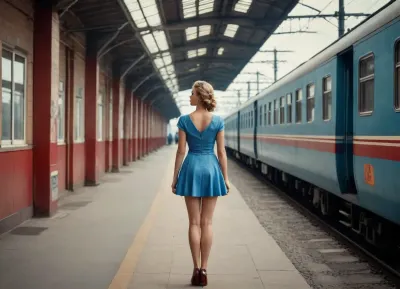 (in style of soviet propaganda poster), (pin-up poster in Valery Barykin art style), railway station, rear view of girl stands on a railway platform and looks into the distance at the head of an arriving electric train