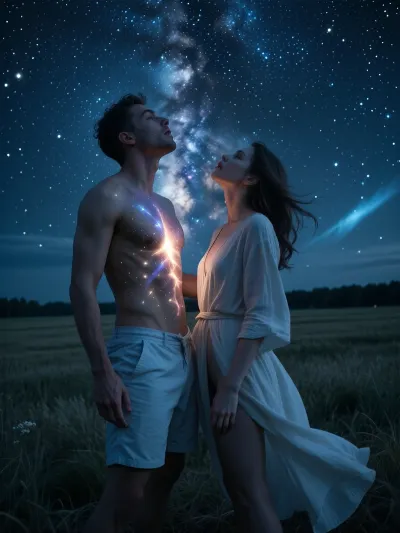 A cinematic, hyper-realistic wide shot with a double exposure, a man in light-coloured shorts and a woman stand in a vast open field, gazing up at a stunning, thought-provoking night sky — the majestic Milky Way, soft distant stars and a deep cosmic nebula. Minimalist, flowing linen clothing fluttering in a gentle breeze. A dark fantasy atmosphere, with stars providing silhouette lighting, deep-blue ambient lighting and voluminous cosmic rays. Photorealistic, 8K resolution.