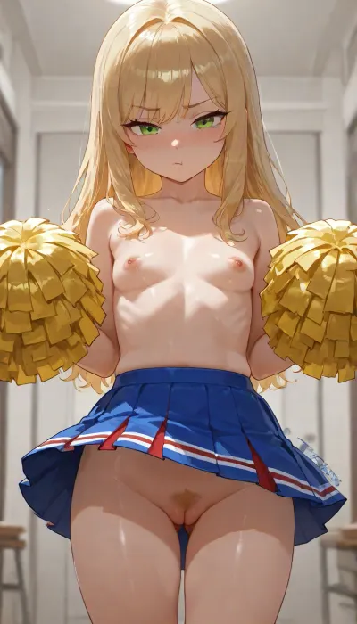 Young woman, shoulder-length blonde hair, perfect face, (large green eyes, pert nose and thick, pouty lips), and athlete's body, topless, red cheerleader skirt, no panties, pubic hair