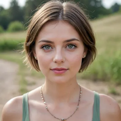 Photorealistic close-up portrait of a real Caucasian woman, looking straight into the camera. Face shape, wide soft rounded oval, widest at the cheekbones and temples, gently tapering down to a small, softly rounded chin. Full, natural cheekbones with slight plumpness. Relaxed, neutral expression with subtle pale rose natural lips, slightly closed, hinting at a half-smile. Large light grey-blue eyes with prominent dark pupils, slight hooded upper eyelids, natural soft under-eye bags. Softly arched natural light brown eyebrows. Straight nose with a gentle rounded tip. Realistic, unretouched pale skin texture, slight natural oily sheen on forehead and nose, faint natural pink blush. Short, messy dark chestnut brown layered pixie bob, with wispy bangs parted slightly to the side, textured hair framing the cheeks and making the face look slightly wider. Wearing a simple grey tank top and a chunky necklace made of large light-green round beads. Left hand holding a vintage black film camera, fingers on the lens, red nail polish. Soft, diffused overcast outdoor lighting, muted desaturated colors, retro 35mm analog film aesthetic, shallow depth of field, blurred sandy grey-green background. Shot on 50mm lens, slightly lower camera angle, (eye level)
