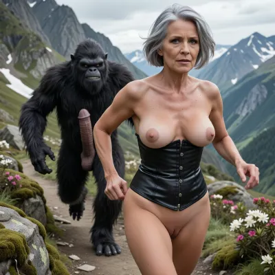 A black leather corset reveals her breasts and genitals. Gray hair cut in a bob., (Older woman, 70 years old:1.8), . Her skin is that of a 70-year-old woman. The old woman has gray hair cut in a bob., (Small, long, and very saggy breasts:1.8), ((very detailed skin)), . Gray hair cut in a bob. Disheveled. The naked 70-year-old woman runs along a mountain path to escape the Yeti, the Abominable Snowman. The Yeti has a large erect penis and is chasing the woman. The setting is a high mountain landscape with rhododendrons and moss-covered rocks.