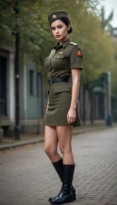 Beautiful young dark-haired girl with big breasts in a russian army uniform with a short narrow skirt, with a small military cap, with high military boots, with straight hair pulled back into a bun, full body view