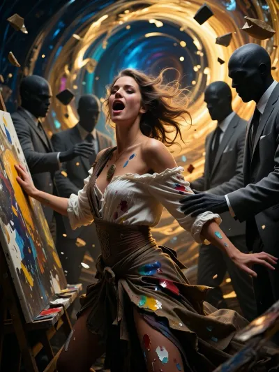 A cinematic, highly detailed, masterful portrait of a brilliant artist in a state of ecstatic euphoria. She has wild, expressive eyes brimming with divine inspiration, hair blowing in the wind, and a bohemian outfit splattered with paint. She gracefully yet resolutely pushes away the dark, faceless silhouettes in plain grey suits, who are reaching towards her with blank, uncomprehending expressions. In the background lies a surreal whirlwind of bright, luminous oil paints, swirling golden light and abstract fragments of her art breaking free. Dramatic chiaroscuro, the contrast between deep indigo and warm gold, emotional intensity, magical realism.