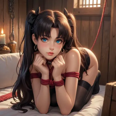 rin tohsaka from fate zero dross style reiq meets, woman, A sexy goth girl wearing a thick collar and black stockings stood in a medieval style BDSM dungeon in rope bondage