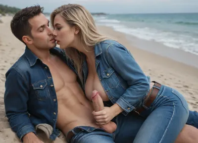 couple sex handjob and kissing in denim, man penis ejaculate huge cumshot, on beach, sea, very sexy, very attractive, both male and women wearing fully clothed blue trucker denim jacket with very long sleeves and empty chest, belt and long tight jeans, penis erected visible, tits visible, both visible full entire bodies, women has very long silky hair, man has short hair