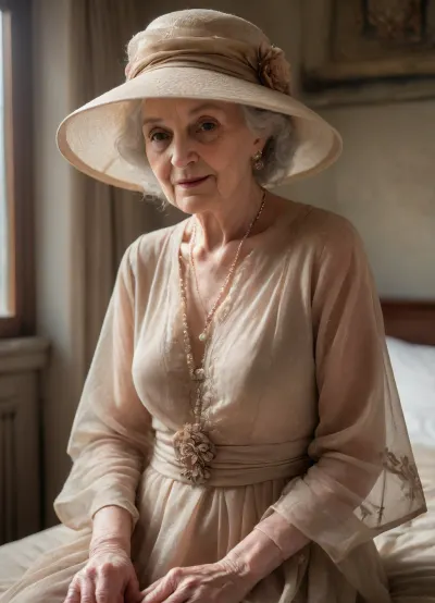 (((hyperrealistic vintage style))), in an elegant modern minimalist hotel bedroom, insanely detailed, fully furnitured, (((nice kind beautiful extremely elder extremely aged ancient heavy 200 year old grandma:1.9))), brown tanned skin, (((Precisely detailed realistic heavy wrinkled skin:1.9))), (((micro-detailed skin:1.9))), (chubby), light glossy mahogany lipstick, fancy black makeup, (light-beige knee-length ultra-minimalist round-neckline all-around comprehensively sheer dress with matching long sleeves), (fully sheer polka-dotted dress), (elegant luxury wide-brim dress-matching floral hat with matching veil is covering her face), (((dimlight shines through the full-sheer transcluent dress:1.9))), (chiaroscuro dramatic lighting:1.4), matching tight-high fishnet stockings, matching high heels, eye-contact, 8K, greatly improved quality, insane resolution, ultra-sharp, anti-aliasing, image sharpening, (((shy, introvert))), (((close-up:1.7))), raytracing, anti-glare, anti-gloss, post-processing, enhanced reflections, (((candid))), (((hyperrealistic, photorealism))), (relaxing:1.9), (((post-orgasm face:1.9)))