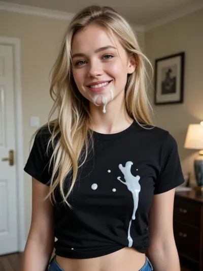 1 extremely skinny and tall shy girlfriend covered in realistic natural white cum, 25yrs, cute, blonde, long messy hair, swedish, ((cum on shirt, black tshirt with cum on, cum on face, facial cum, cum on chin, cum in hair)), happy, solo, bony, short, short body, cute riund face, small tits, RAW photo, beautiful, subject, 105mm professional photography, 8k uhd, dslr, soft lighting, high quality, film grain, Fujifilm XT3, sexy pose, home, short t-shirt, salva