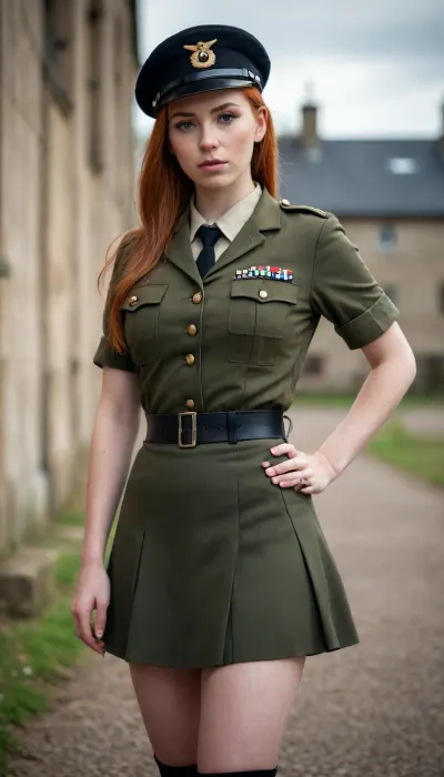 Beautiful young scottish ginger-haired girl with big breasts in an army uniform with a short narrow skirt, with a small military cap, with high military boots, with straight hair pulled back into a bun, full body view