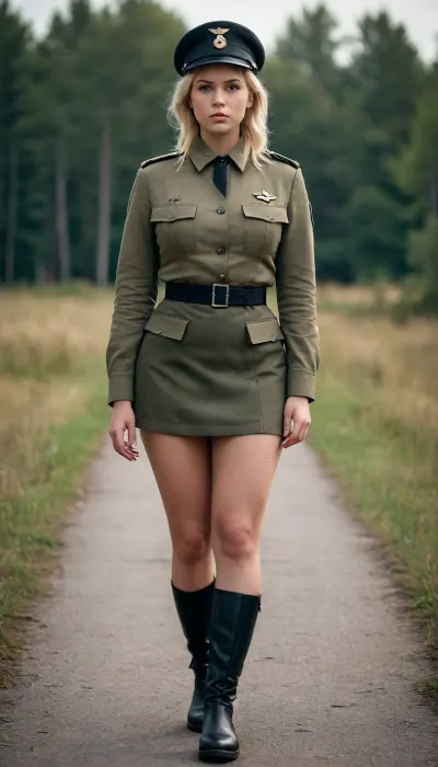 Beautiful fat young swedish blonde-haired girl with big breasts in an army uniform with a short narrow skirt, with a small military cap, with high military boots, with straight hair pulled back into a bun, full body view
