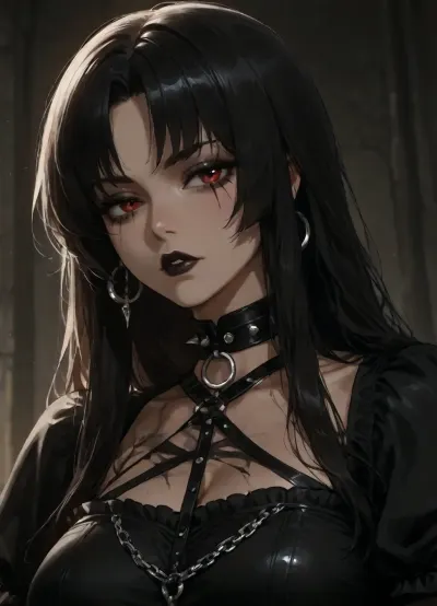 queen Female, long raven black hair, goth makeup, goth eyeliner, goth lipstick, goth mascara, spiked choker, goth dress