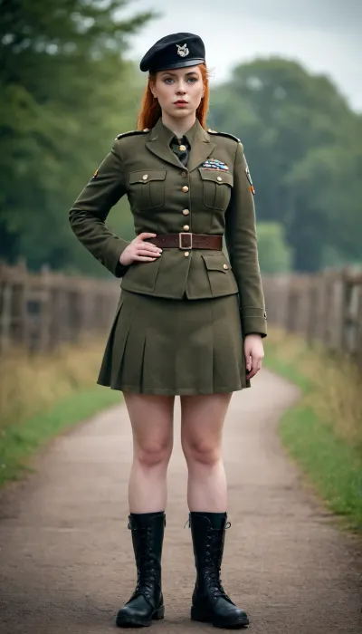 Beautiful fat young scottish ginger-haired girl with big breasts in an army uniform with a short narrow skirt, with a small military cap, with high military boots, with straight hair pulled back into a bun, full body view