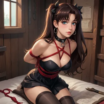 rin tohsaka from fate zero dross style reiq meets, woman, A sexy goth girl wearing a thick collar and black stockings stood in a medieval style BDSM dungeon in rope bondage